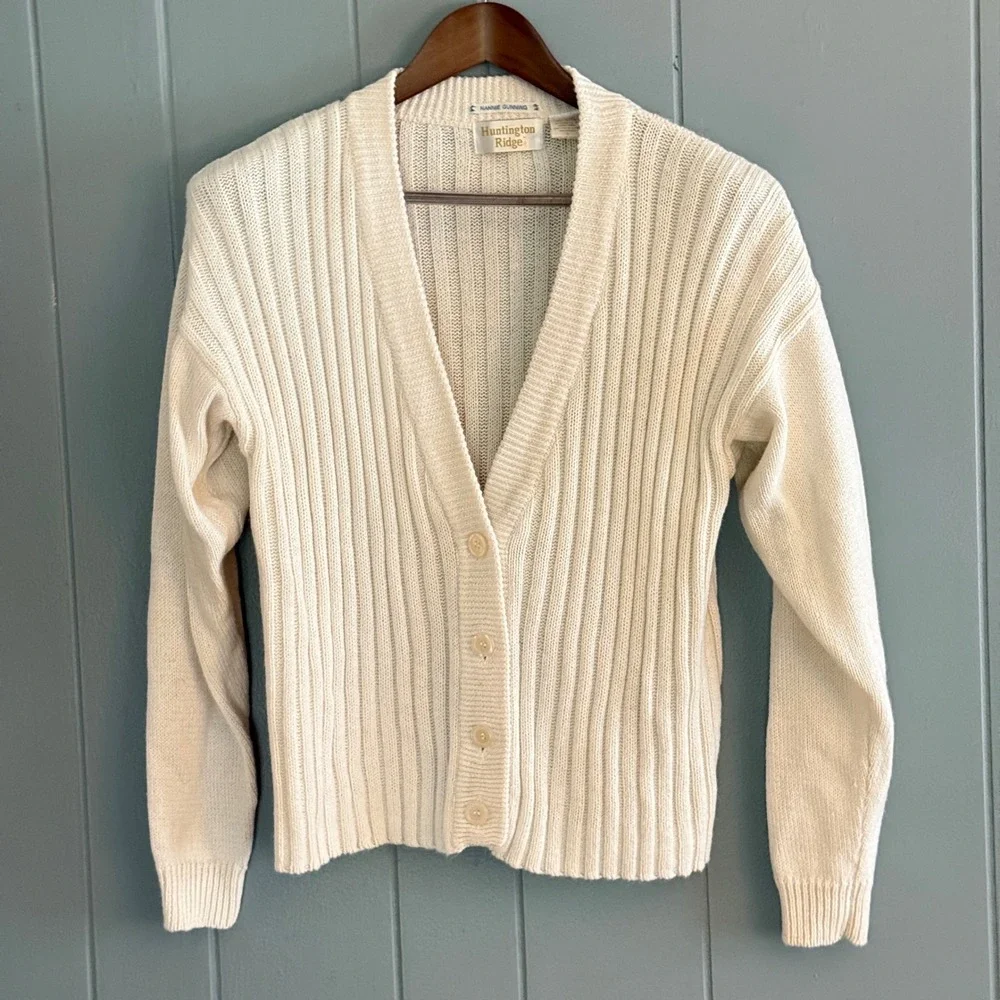 Hunting Ridge Vtg Cream Ribbed Knit Cardigan Sweater L Boxy Cropped Ramie Cotton
